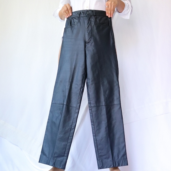 Charcoal gray vintage very high-rise leather pants - Picture 1 of 8